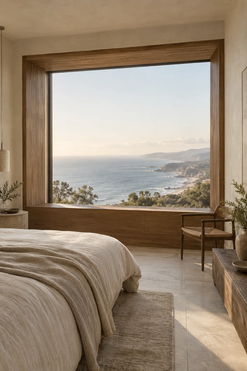 Quiet linen bedroom framing the ocean through a deep timber opening