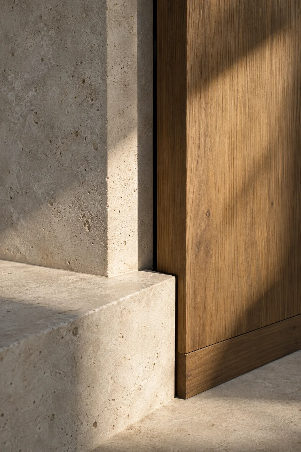 Close study of solid oak meeting honed limestone with a precise shadow gap