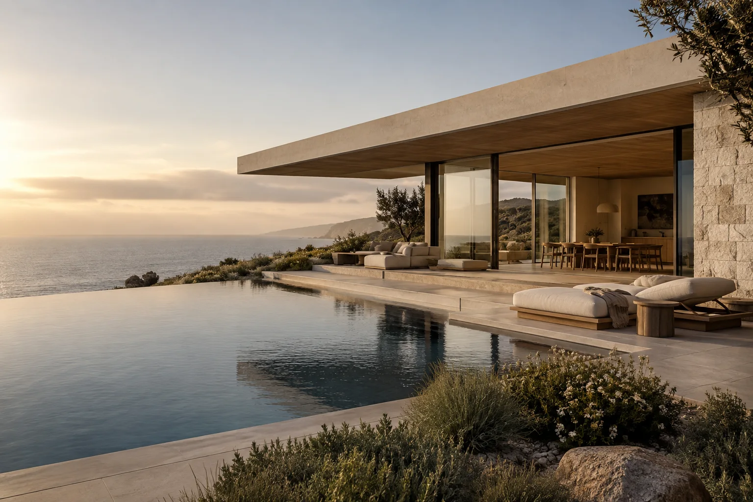Limestone and timber residence overlooking the Pacific, with an ocean-facing pool