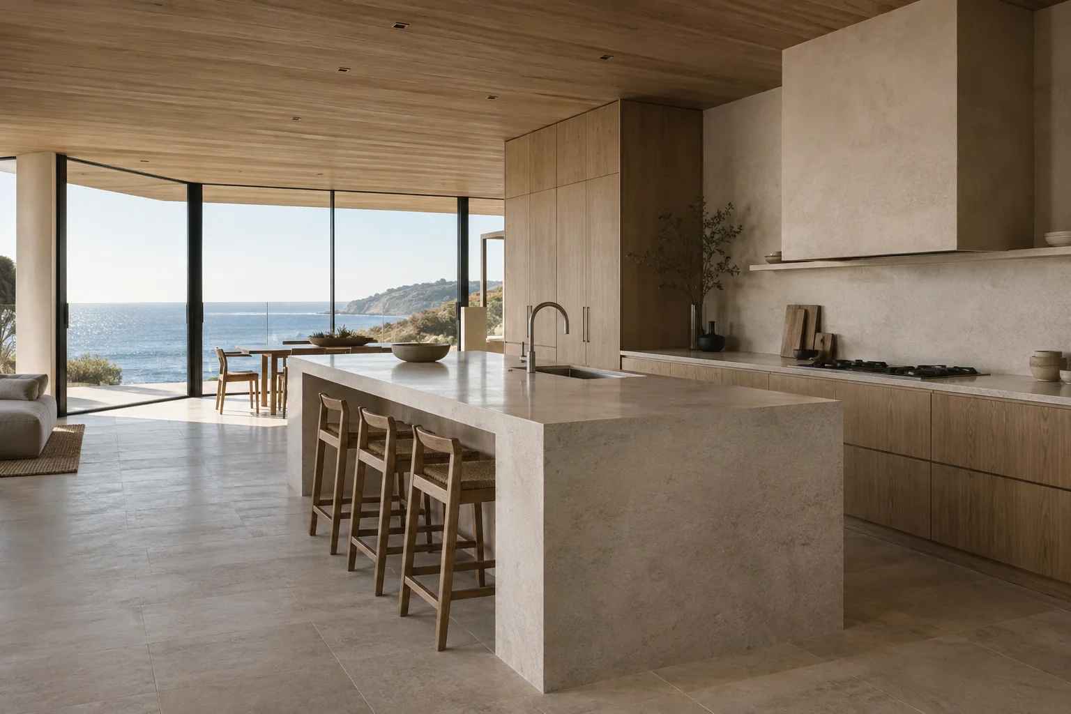 Limestone kitchen island and oak cabinetry opening onto the coast
