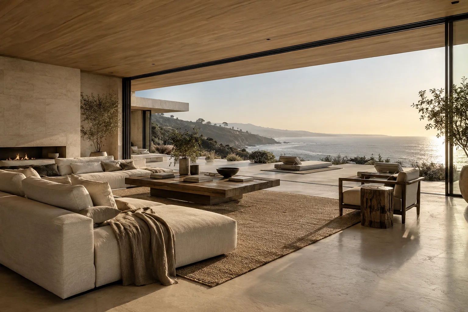 Pacific House living room with linen seating, oak ceiling and ocean views
