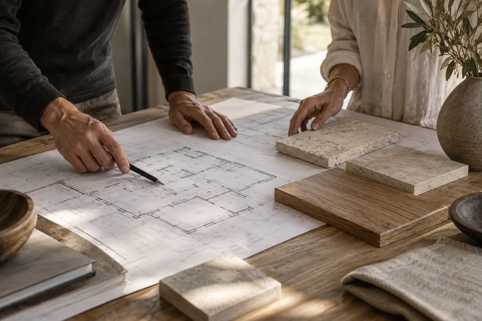 Hands reviewing architectural plans and natural material samples in the studio